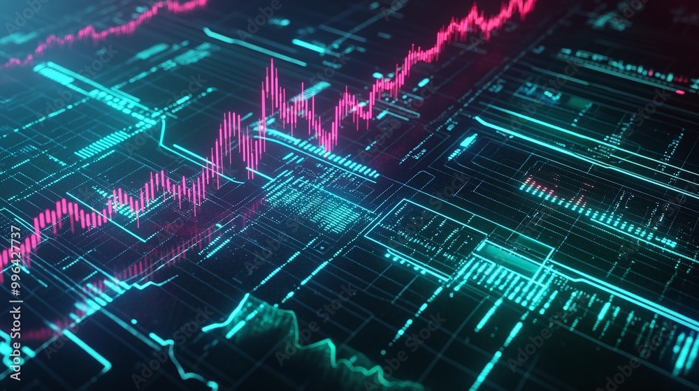 Poster futuristic data visualization with glowing graphs and metrics on a dark background, representing ana