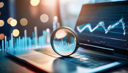 Magnifying glass, laptop and statistics charts as analysis for stock market. Generated image
