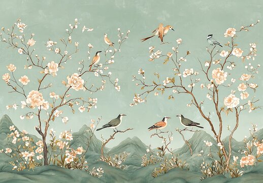 Chinoiserie wall mural, with birds and flowers