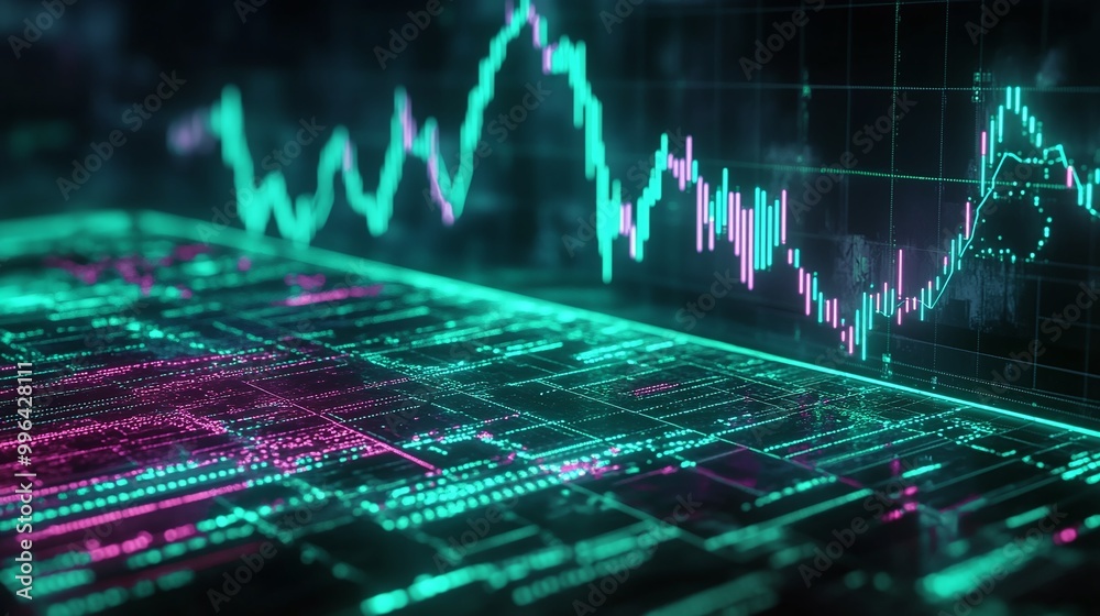 Poster futuristic data visualization with glowing lines and charts on a digital interface.