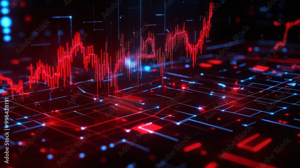 Poster futuristic data visualization with glowing red graphs and circuit patterns on a dark background.