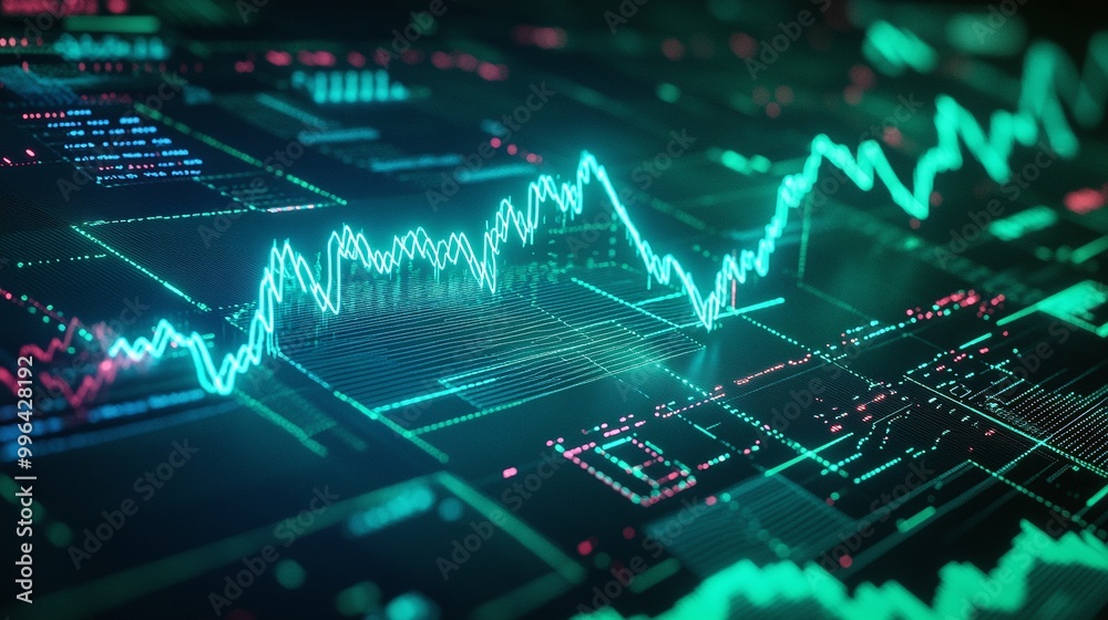Poster futuristic data visualization with glowing lines and graphs representing digital analytics and finan