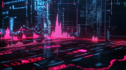 Futuristic data visualization with glowing pink waves and digital graphs on a dark backdrop.