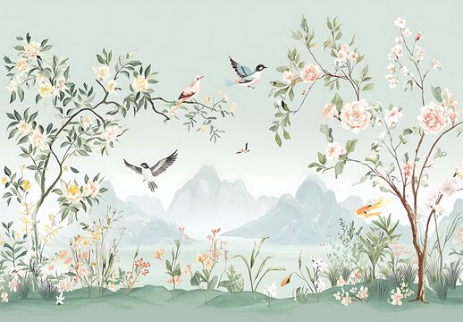 Chinoiserie wall mural, with birds and flowers