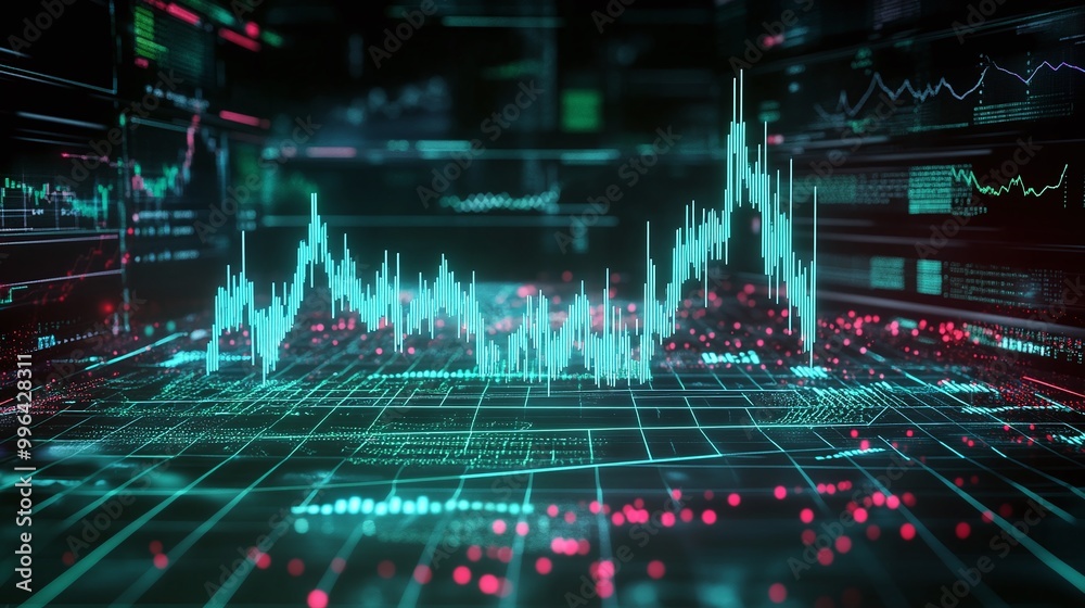 Poster futuristic data visualization with graphs and charts in a digital interface, representing market ana