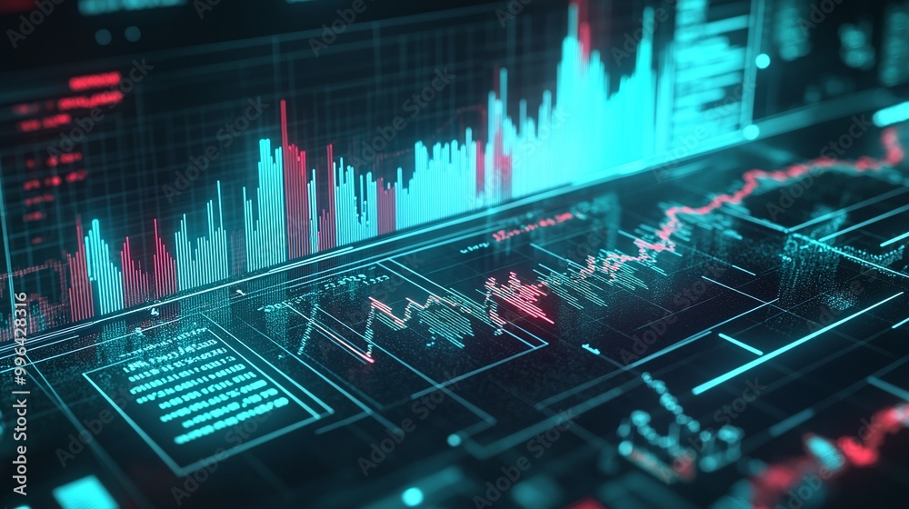Poster futuristic data visualization with graphs and charts in neon colors, representing analytical metrics
