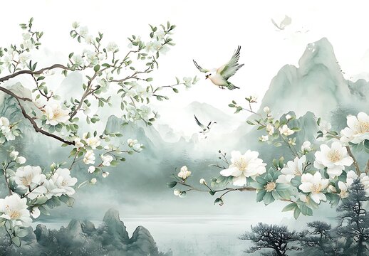 Chinoiserie wall mural, with birds and flowers