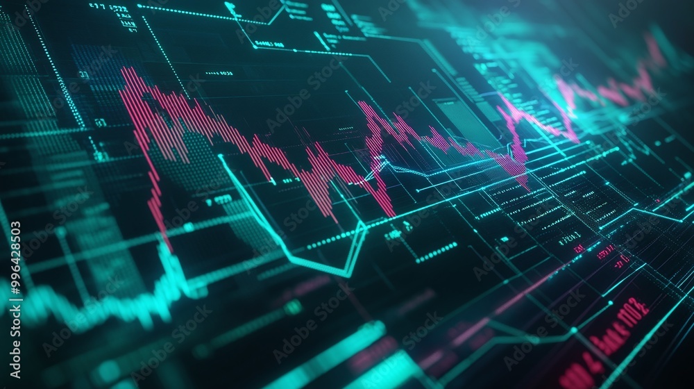 Poster futuristic data visualization with graphs and charts in vibrant colors on a digital screen.