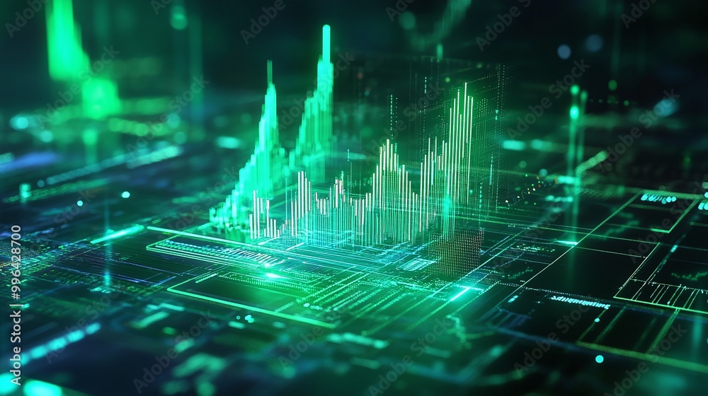 Poster futuristic data visualization with green glowing graphs and circuits, representing advanced technolo
