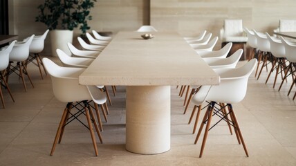 A photo of a modern, minimalist dining room with a long, white table. There are white chairs on the left and right sides of the table, with a few extra chairs scattered around the room.