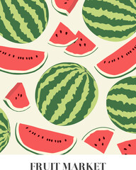 Retro abstract Fruit market poster - trendy watermelon groovy vector illustration.