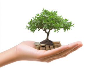 A hand holding stack of coins with small tree growing symbolizes growth and prosperity. This image conveys sense of hope and financial success, blending nature with wealth