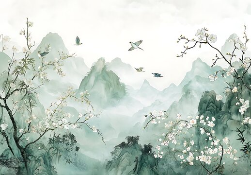 Chinoiserie wall mural, with birds and flowers
