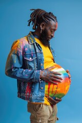 A person with dreadlocks holding a colorful ball