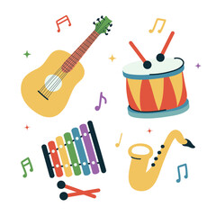 A set of musical instruments surrounded by musical notes.