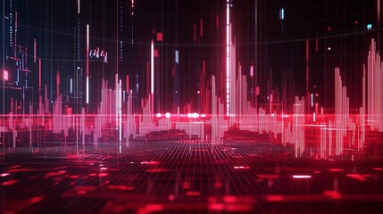 Futuristic data visualization with red and black tones showcasing digital sound waves and frequencies.