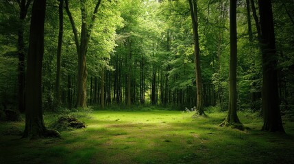 Naklejka premium A tranquil forest scene with an empty ground space surrounded by tall trees, inviting a sense of calm and connection to nature.