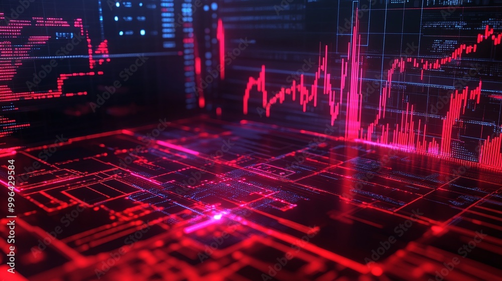 Poster futuristic data visualization with red graphics and graphs on a digital interface.