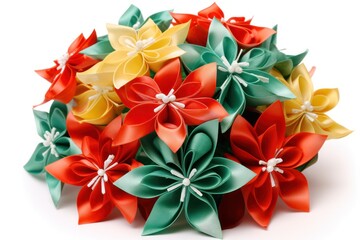 A festive bouquet of ribbon flowers in traditional holiday colors, capturing the spirit of joy and celebration.