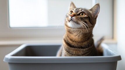 A tabby cat sits in a litter box, looking up with curiosity and interest.