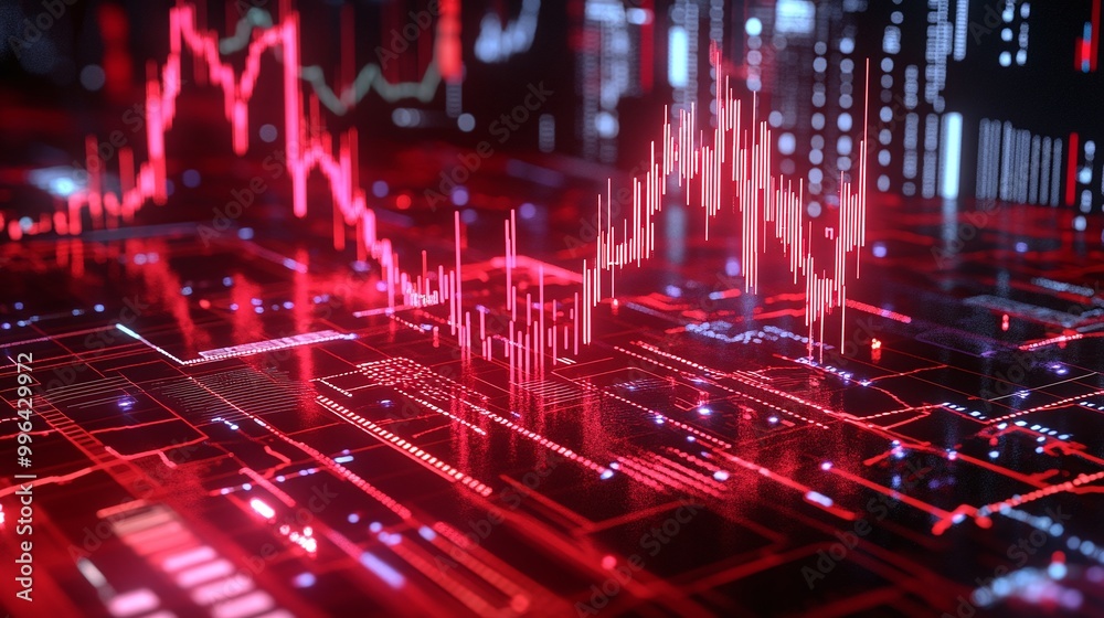 Poster futuristic data visualization with red neon lines on a digital interface, representing analytics and