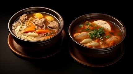 Difference types of chicken and Wild Rice Soup. Homemade fresh creamy soup with chicken in bowls. Neural network ai generated art