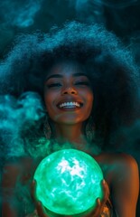 Naklejka premium Beautiful Black woman in a witch costume holding a glowing green pumpkin, surrounded by mist