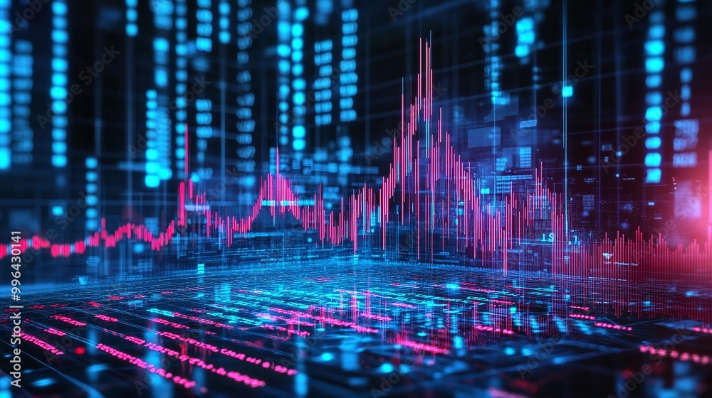 Poster futuristic data visualization with vibrant colors and dynamic patterns representing analytics and te