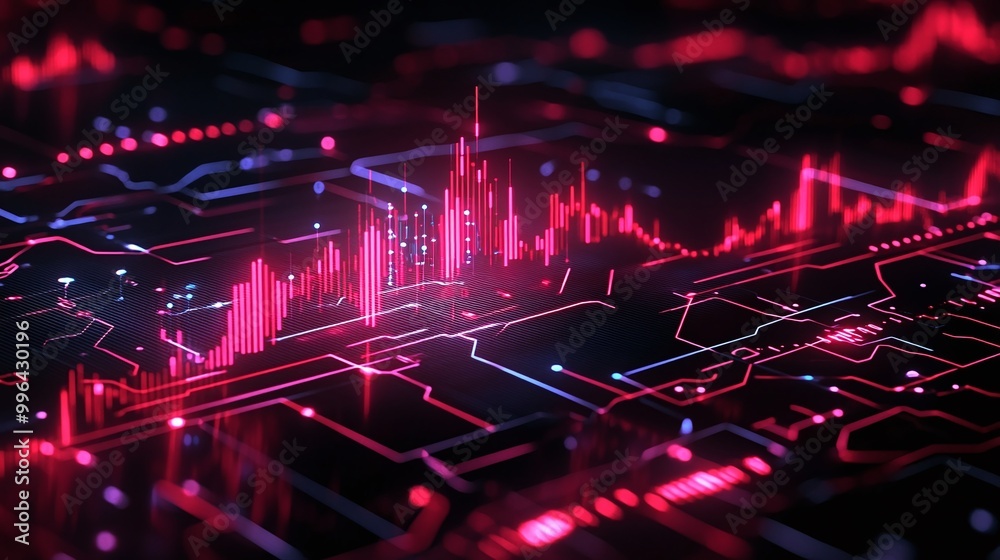 Poster futuristic data visualization with vibrant colors representing digital analytics on a dark backgroun