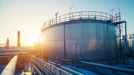 Obraz premium A massive industrial storage tank surrounded by piping and machinery, bathed in the warm glow of sunset, showcasing modern infrastructure.