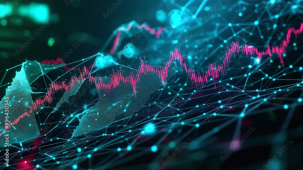 Poster futuristic data visualization with vibrant graphs and connections representing digital analytics.
