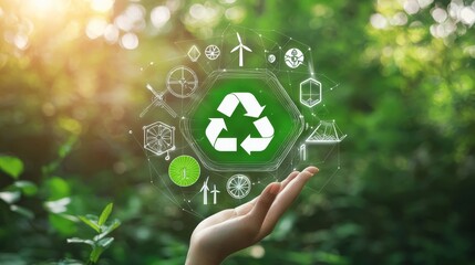 Eco-Friendly Recycling Concept: Hand Lifting Recycling Icon with Clean Energy and Nature Symbols