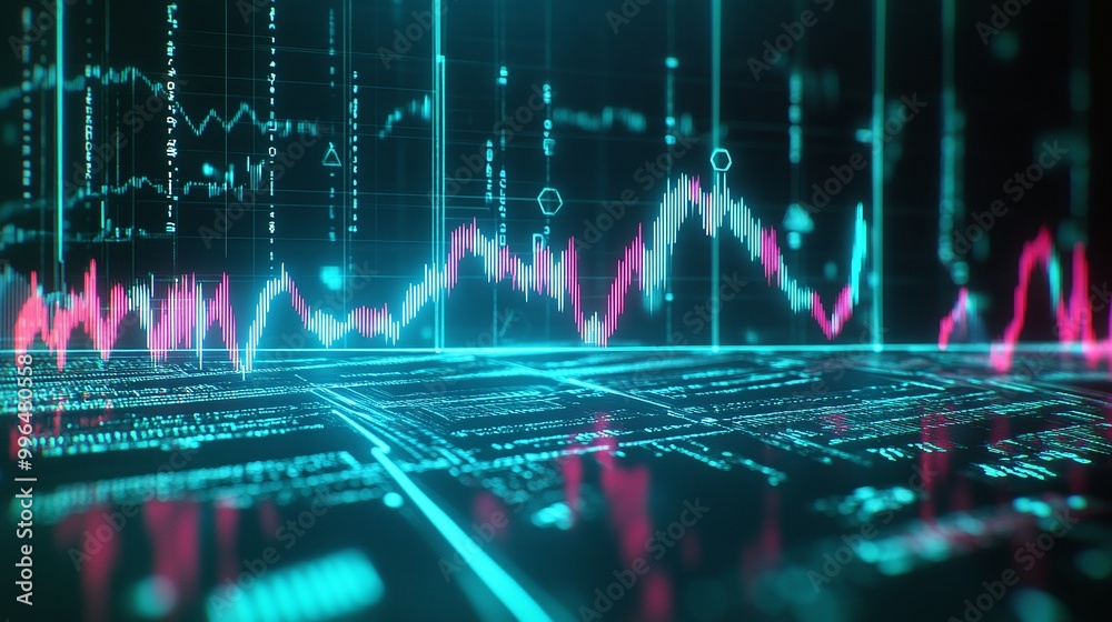 Poster futuristic data visualization with vibrant graphs and digital elements on a screen.