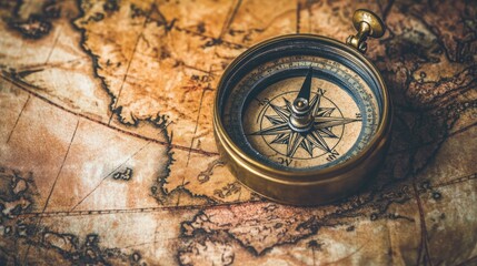 An ancient compass on a historical map, showcasing navigation tools used by explorers of the past.
