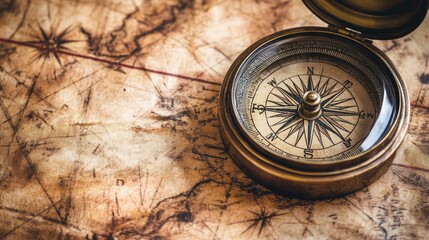 An ancient compass on a historical map, showcasing navigation tools used by explorers of the past.
