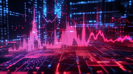 Futuristic data visualization with vibrant pink and blue graphs against a digital background.