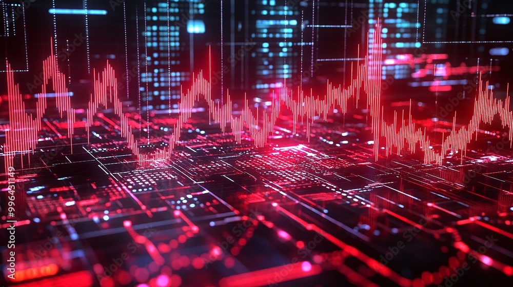 Poster futuristic data visualization with vibrant red and blue graphics, displaying fluctuating data trends