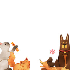 A dog and a cat are having fun in the surrounding atmosphere, hand-drawn watercolor painting frame design