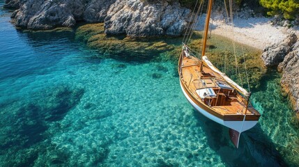 Obraz premium A vintage wooden sailboat anchored in a quiet bay, with crystal clear waters below revealing the sea floor.