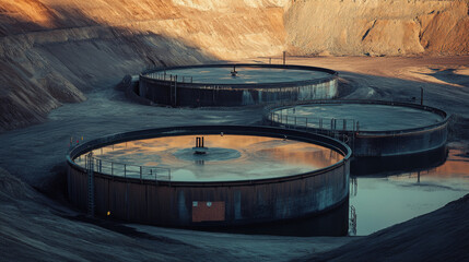 Fototapeta premium A massive industrial storage tank surrounded by piping and machinery, bathed in the warm glow of sunset, showcasing modern infrastructure.