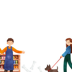 A pet shop employee warmly welcomes a woman entering the store with her dog, hand-drawn watercolor painting frame design