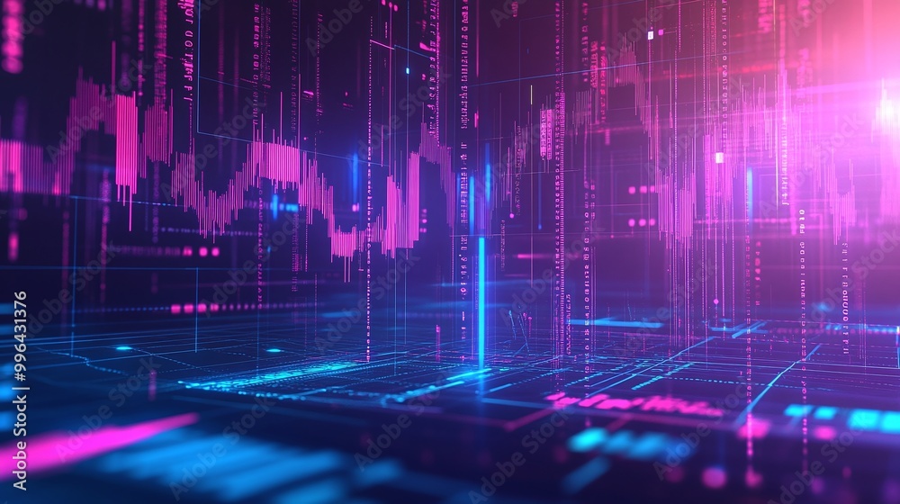 Poster futuristic digital abstract display with vivid colors representing data visualization and analytics.