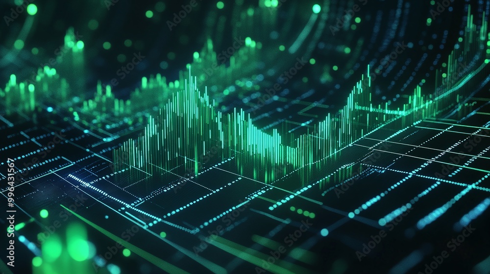 Poster futuristic digital background with green data visualization patterns and glowing lines.