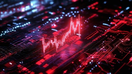 Futuristic digital background with glowing data graphs and circuits, representing stock market trends and financial analysis.