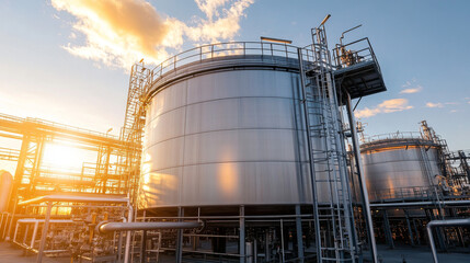 A massive industrial storage tank surrounded by piping and machinery, bathed in the warm glow of sunset, showcasing modern infrastructure.

