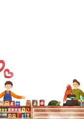 A pet shop employee is happily introducing products to a customer who has brought a bird, hand-drawn watercolor painting frame design