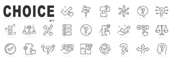 Set of making choice related line icons. Survey, checklist, feedback, option, accept, arrow, way etc. Editable stroke. Set 2