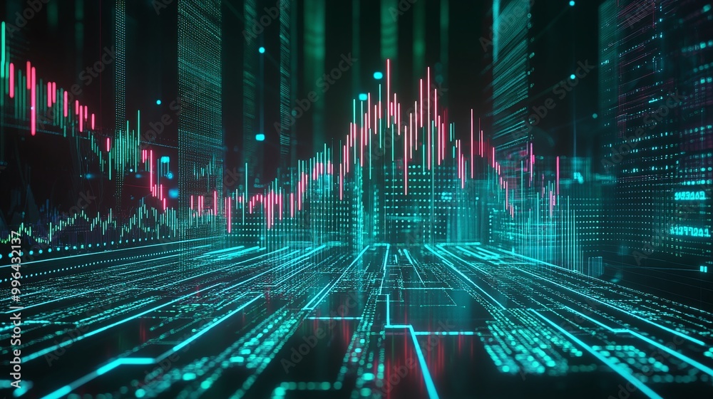 Poster futuristic digital cityscape with vibrant data flow and colorful graphs representing advanced techno