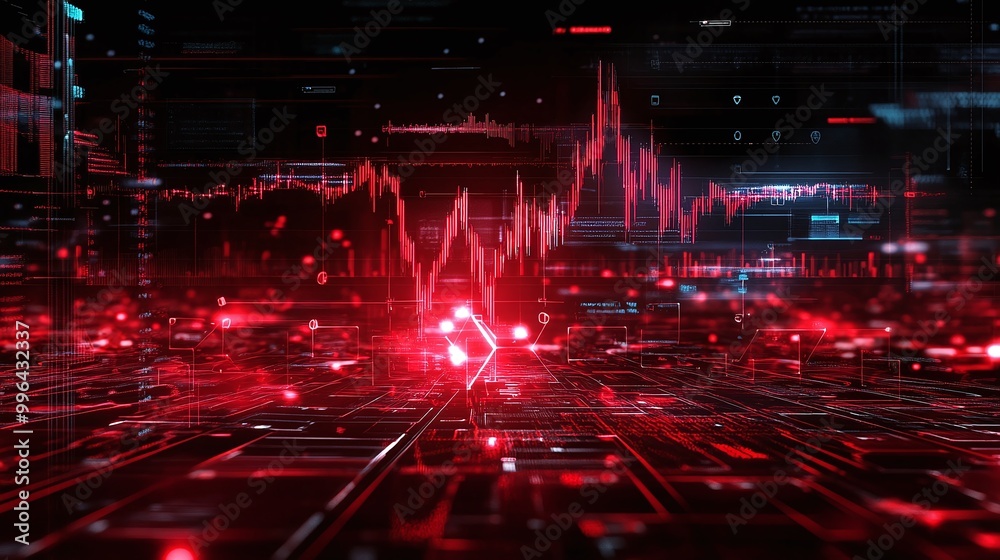 Poster futuristic digital data visualization, featuring vibrant red graphics and intricate patterns on a da