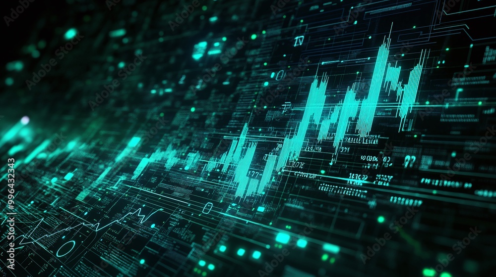 Poster futuristic digital data visual, abstract graphs and numbers on a dark background, representing analy